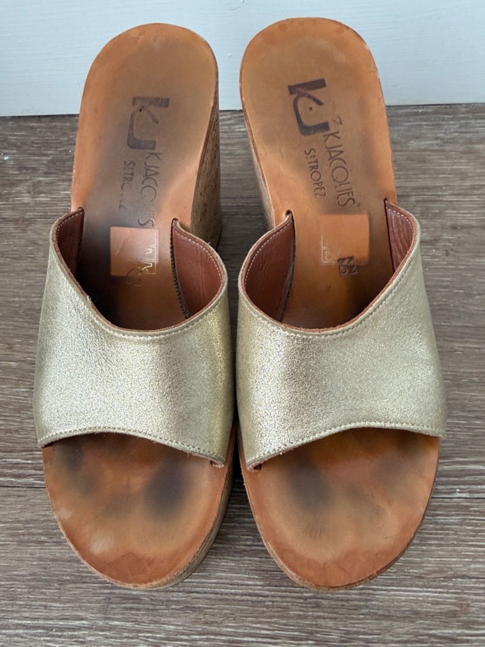 K jacques st tropez gold wedge platform slides cork heel size 39 / 8.5 - Picture 3 of 10